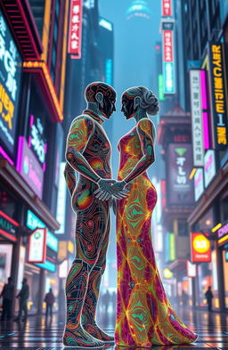 A futuristic couple made entirely of vibrant, flowing AI-generated patterns and textures, standing together in a dynamic cityscape filled with glowing neon lights and holograms