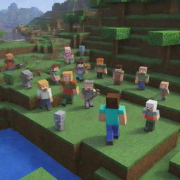 Revise the Minecraft scene to show the villagers, once terror struck, now filled with awe and admiration for Steve, their savior, who stands victorious amongst them.