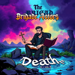A vibrant cartoon style album cover for a metal band featuring a contemplative man sitting on a chair by a river