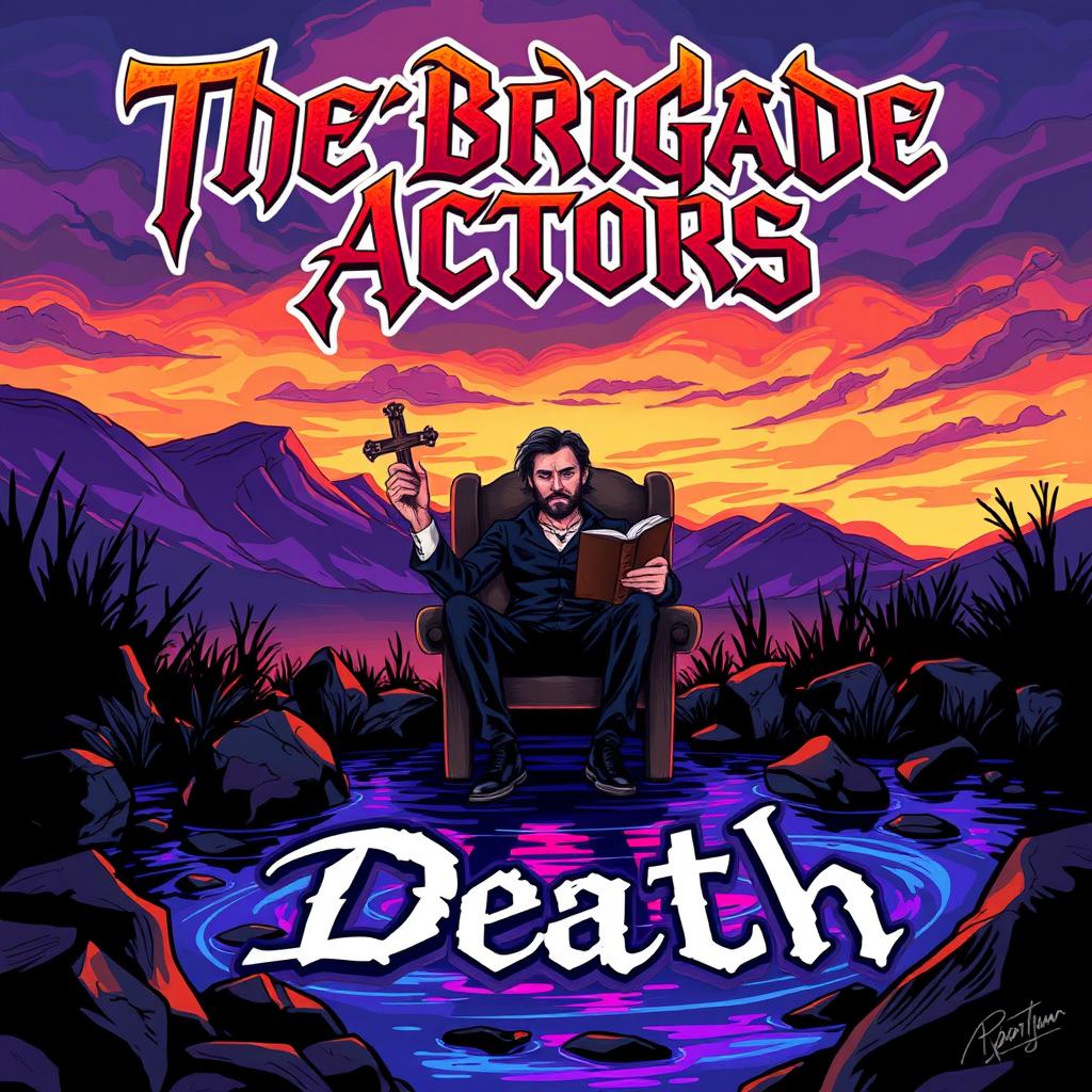 A vibrant cartoon style album cover for a metal band featuring a contemplative man sitting on a chair by a river