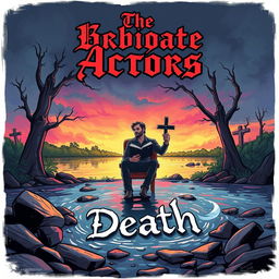 A vibrant cartoon style album cover for a metal band featuring a contemplative man sitting on a chair by a river