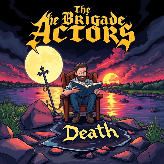 A vibrant cartoon style album cover for a metal band featuring a contemplative man sitting on a chair by a river