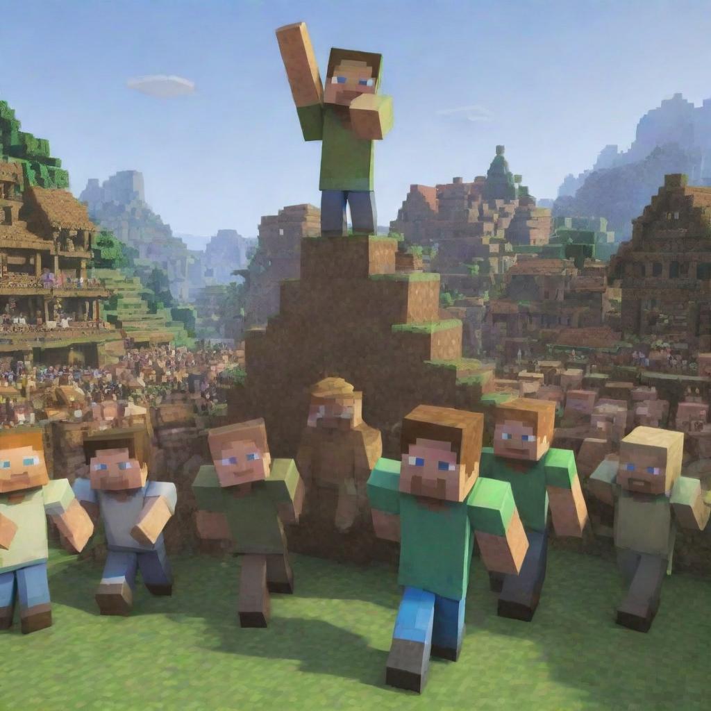 Adapt the Minecraft image: the villagers, in a grand ceremony, triumphantly raise Steve on their shoulders, proclaiming him the leader of their village after his heroic rescue.