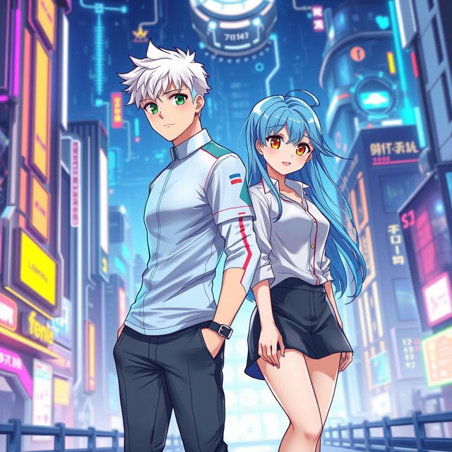 A book cover for a futuristic slice of life romance novel featuring a young adult male with short white hair and vivid green eyes