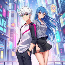 A book cover for a futuristic slice of life romance novel featuring a young adult male with short white hair and vivid green eyes