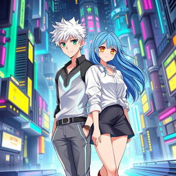 A book cover for a futuristic slice of life romance novel featuring a young adult male with short white hair and vivid green eyes