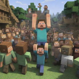 Adapt the Minecraft image: the villagers, in a grand ceremony, triumphantly raise Steve on their shoulders, proclaiming him the leader of their village after his heroic rescue.