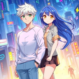 A book cover for a futuristic slice of life romance novel featuring a young adult male with short white hair and vivid green eyes