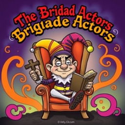 A colorful cartoon style album cover for a metal band featuring a whimsical character sitting on a chair wearing a jester's hat