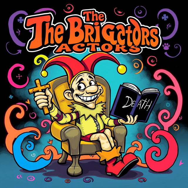 A colorful cartoon style album cover for a metal band featuring a whimsical character sitting on a chair wearing a jester's hat