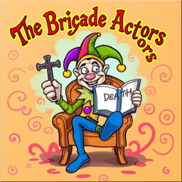 A colorful cartoon style album cover for a metal band featuring a whimsical character sitting on a chair wearing a jester's hat