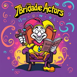 A colorful cartoon style album cover for a metal band featuring a whimsical character sitting on a chair wearing a jester's hat