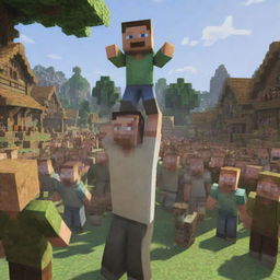 Adapt the Minecraft image: the villagers, in a grand ceremony, triumphantly raise Steve on their shoulders, proclaiming him the leader of their village after his heroic rescue.