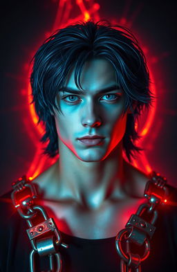 A young man with neck-length navy blue hair and striking azure blue eyes, standing confidently