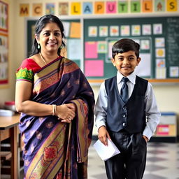 A female teacher wearing an elegant silk saree, adorned with beautiful patterns and vibrant colors, standing in a classroom setting