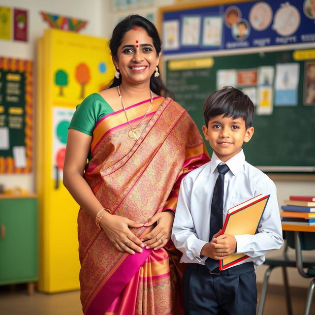 A female teacher wearing an elegant silk saree, adorned with beautiful patterns and vibrant colors, standing in a classroom setting