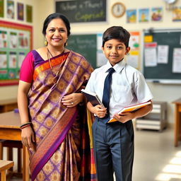 A female teacher wearing an elegant silk saree, adorned with beautiful patterns and vibrant colors, standing in a classroom setting