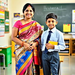 A female teacher wearing an elegant silk saree, adorned with beautiful patterns and vibrant colors, standing in a classroom setting
