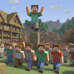 Adapt the Minecraft image: the villagers, in a grand ceremony, triumphantly raise Steve on their shoulders, proclaiming him the leader of their village after his heroic rescue.