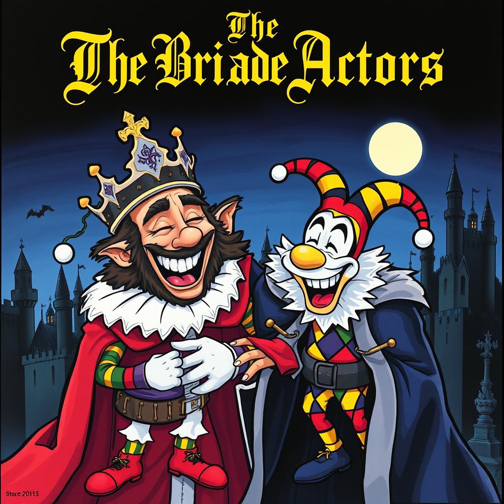 A 1980s cartoon style album cover for a black metal band featuring a regal king laughing heartily at a jester