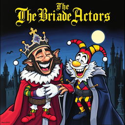 A 1980s cartoon style album cover for a black metal band featuring a regal king laughing heartily at a jester