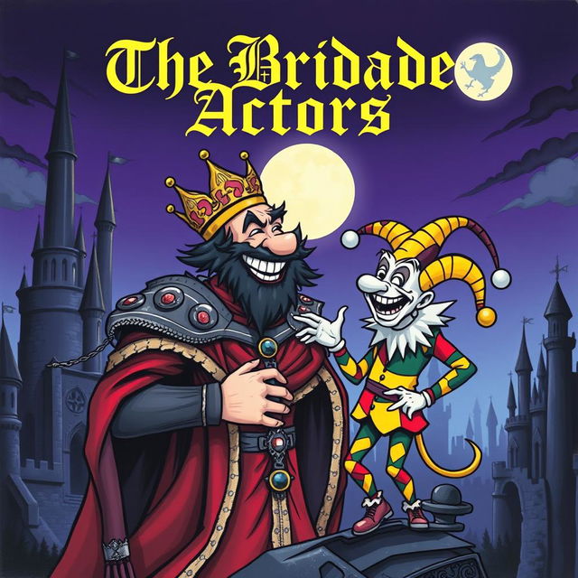 A 1980s cartoon style album cover for a black metal band featuring a regal king laughing heartily at a jester