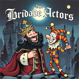 A 1980s cartoon style album cover for a black metal band featuring a regal king laughing heartily at a jester