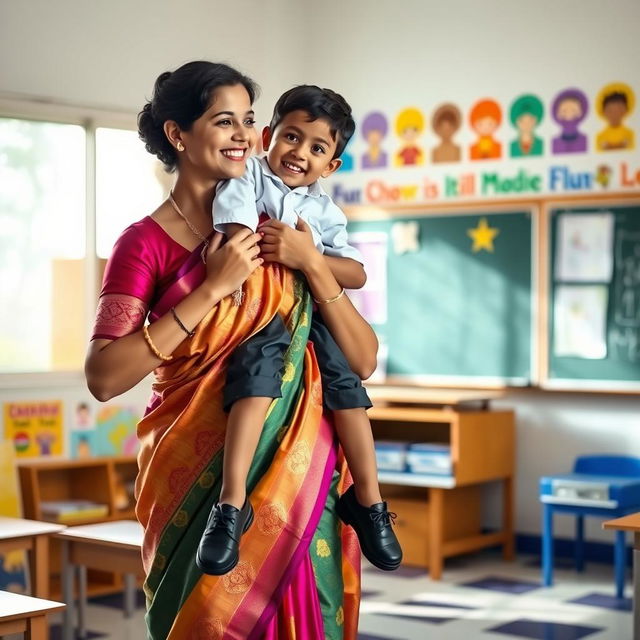 A joyful classroom scene featuring a female teacher wearing an elegant silk saree, beautifully draped in vibrant colors, with intricate patterns