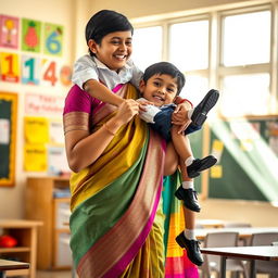 A joyful classroom scene featuring a female teacher wearing an elegant silk saree, beautifully draped in vibrant colors, with intricate patterns