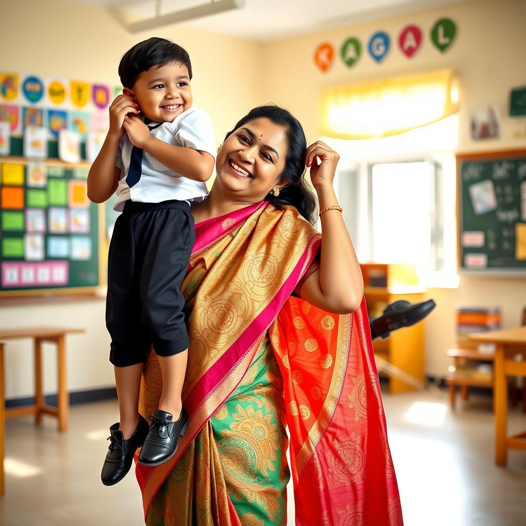 A joyful classroom scene featuring a female teacher wearing an elegant silk saree, beautifully draped in vibrant colors, with intricate patterns