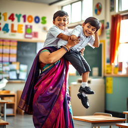 A joyful classroom scene featuring a female teacher wearing an elegant silk saree, beautifully draped in vibrant colors, with intricate patterns