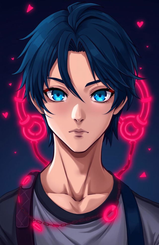 A young man with neck-length navy blue hair and striking azure blue eyes, standing confidently