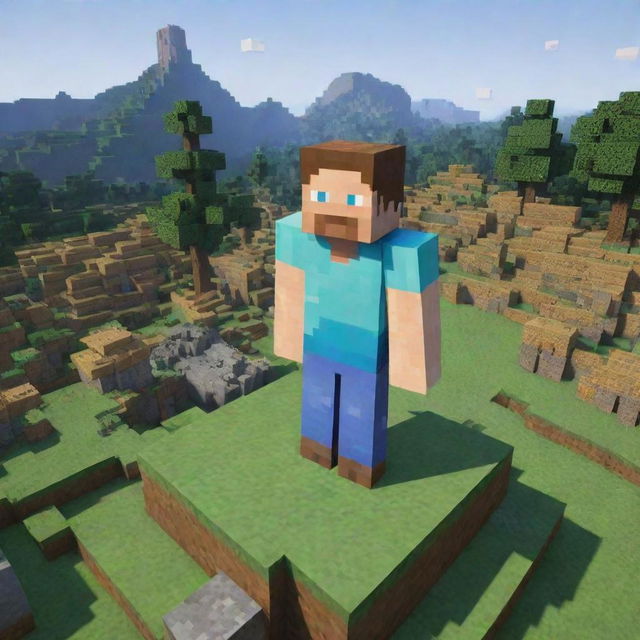 Alter the image of the Minecraft village to feature a grand statue of Steve made from pixelated blocks, standing tall and proud in the heart of the village, a symbol of the villagers' gratitude and admiration.