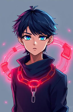 A young man with neck-length navy blue hair and striking azure blue eyes, standing confidently