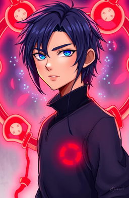 A young man with neck-length navy blue hair and striking azure blue eyes, standing confidently