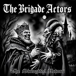 A striking black and white album cover for a black metal band featuring a sinister king laughing mockingly at an evil jester