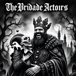 A striking black and white album cover for a black metal band featuring a sinister king laughing mockingly at an evil jester