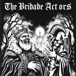 A striking black and white album cover for a black metal band featuring a sinister king laughing mockingly at an evil jester