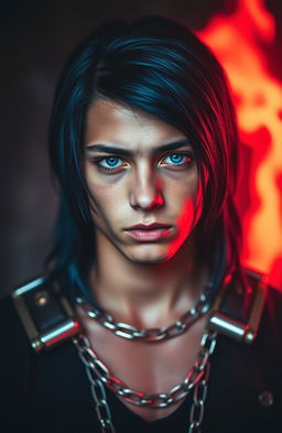 A young man with neck-length navy blue hair and striking azure blue eyes, wearing metallic shackles that shimmer with a red aura in the background