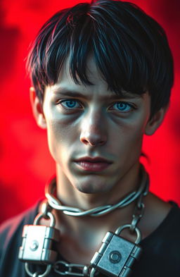 A young man with neck-length navy blue hair and striking azure blue eyes, wearing metallic shackles that shimmer with a red aura in the background
