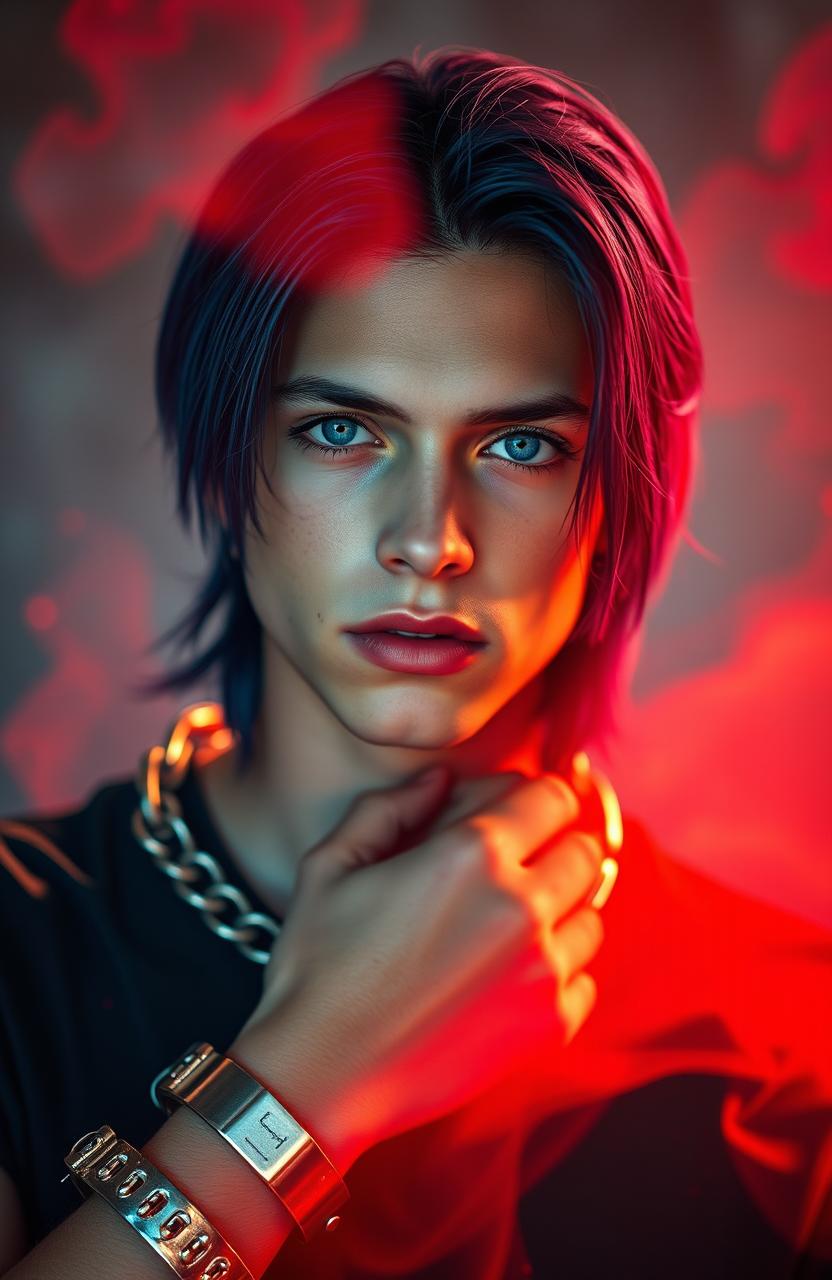 A young man with neck-length navy blue hair and striking azure blue eyes, wearing metallic shackles that shimmer with a red aura in the background