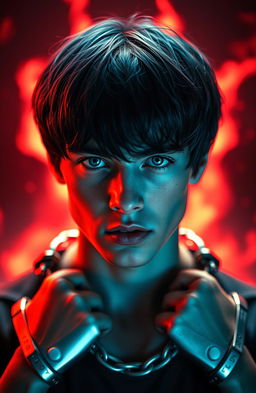 A young man with neck-length navy blue hair and striking azure blue eyes, wearing metallic shackles that shimmer with a red aura in the background
