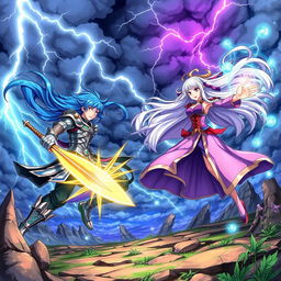 A vibrant and colorful anime scene depicting an epic battle between two powerful characters in a fantasy setting