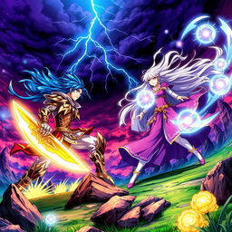 A vibrant and colorful anime scene depicting an epic battle between two powerful characters in a fantasy setting