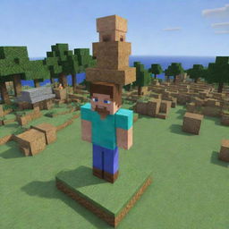 Alter the image of the Minecraft village to feature a grand statue of Steve made from pixelated blocks, standing tall and proud in the heart of the village, a symbol of the villagers' gratitude and admiration.