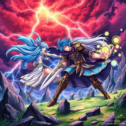 A vibrant and colorful anime scene depicting an epic battle between two powerful characters in a fantasy setting