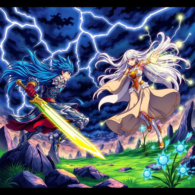 A vibrant and colorful anime scene depicting an epic battle between two powerful characters in a fantasy setting