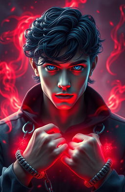 A young man with neck-length navy blue curly hair and striking azure blue eyes