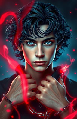 A young man with neck-length navy blue curly hair and striking azure blue eyes