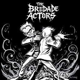 A striking black and white cartoon style album cover for a black metal band depicting a dramatic scene where one character is shooting another in the back